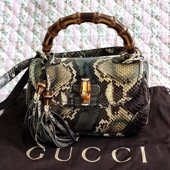 NWT Limited edition Gucci Python bamboo top handle bag exotic snakeskin strap - Picture 1 of 17